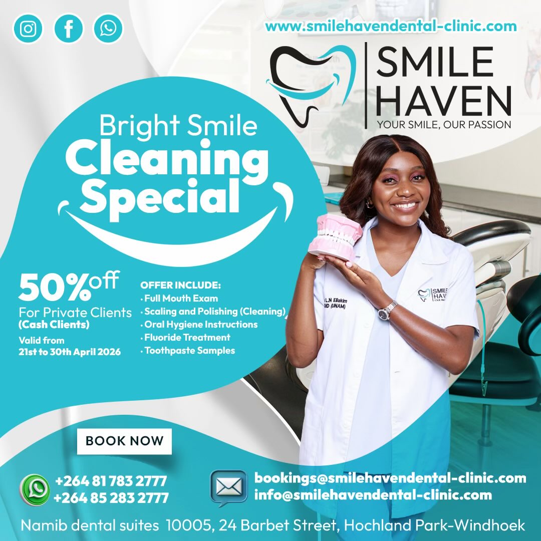‼️ Take the step toward a healthier smile today.💃

Book ok our website :
smilehavendental-clinic.com

To book appointment 📅 
📲+264817832777
📲 +264 852832777