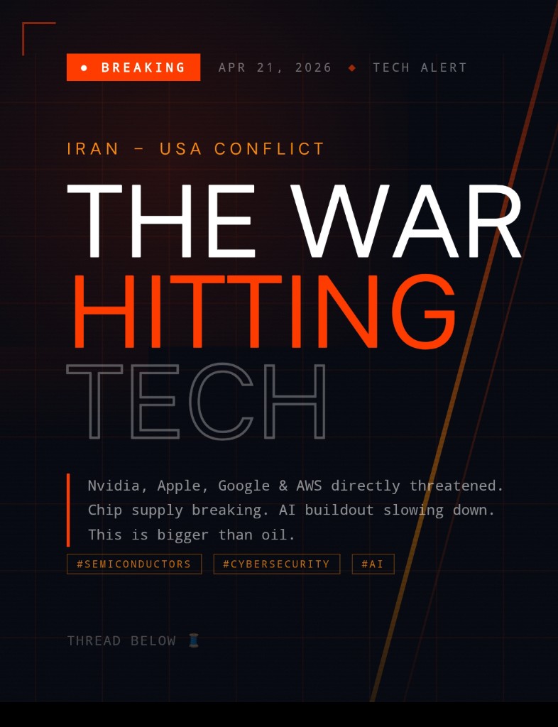 Muhammad17012's tweet photo. Iran just threatened Nvidia, Apple &amp; Google. AWS data centers got drone-struck. Chip supplies are breaking. The Iran–US war isn't just a Middle East crisis — it's a tech crisis. Here's what nobody is talking about 🧵👇
#IranWar‌ #IranUSA #BreakingNews #WorldNews https://t.co/gef5vAShXE