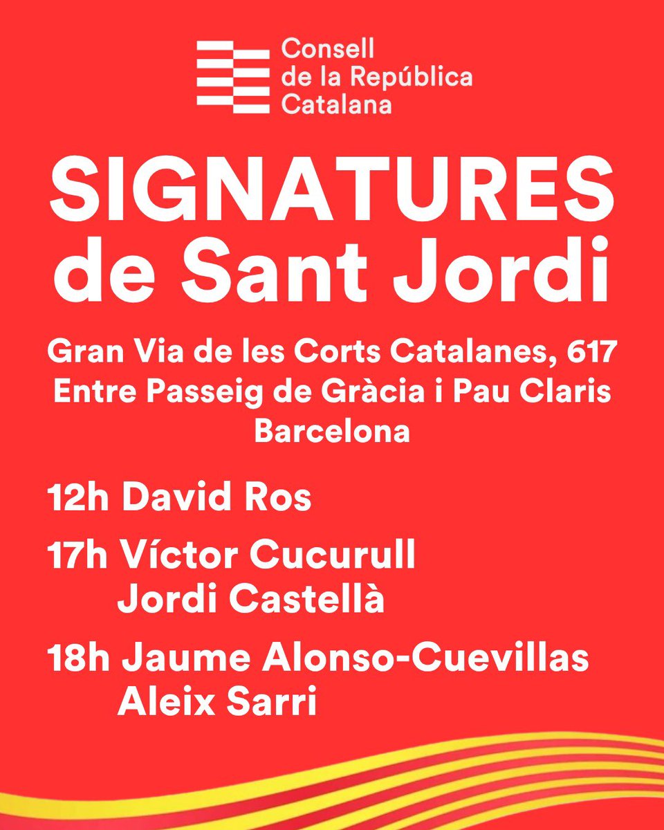 🌹 Vine a celebrar Sant Jordi amb nosaltres!

👉 El dia 23 d'abril, podreu trobar-nos a Gran Via de les Corts Catalanes, 617; entre Passeig de Gràcia i Pau Claris (Barcelona).

Amb els autors David Ros, <a href="/VictorCucurull/">Victor Cucurull</a>, <a href="/jordi_kanet/">Jordi Castellà</a>, <a href="/JACS_JaumeACS/">Jaume Alonso-Cuevillas i Sayrol (JACS)</a> i <a href="/aleixsarri/">Aleix Sarri i Camargo</a>