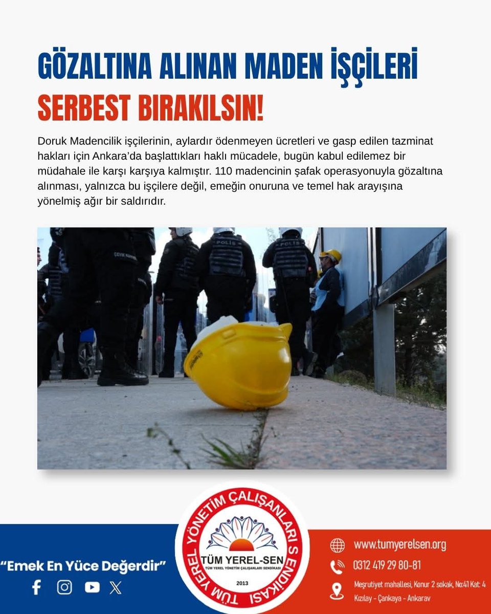 TumYerelSen17's tweet photo. GÖZALTINA ALINAN MADEN İŞÇİLERİ SERBEST BIRAKILSIN!

Eskişehir’de Doruk Madencilik işletmesinde çalışan işçilerin aylardır ödenmeyen ücretleri ve biriken hakları nedeniyle başlattıkları yürüyüşün ardından 110 işçinin gözaltına alınması kaygı vericidir.

#TümYerelSenÇanakkale https://t.co/dvYfxY3iAp