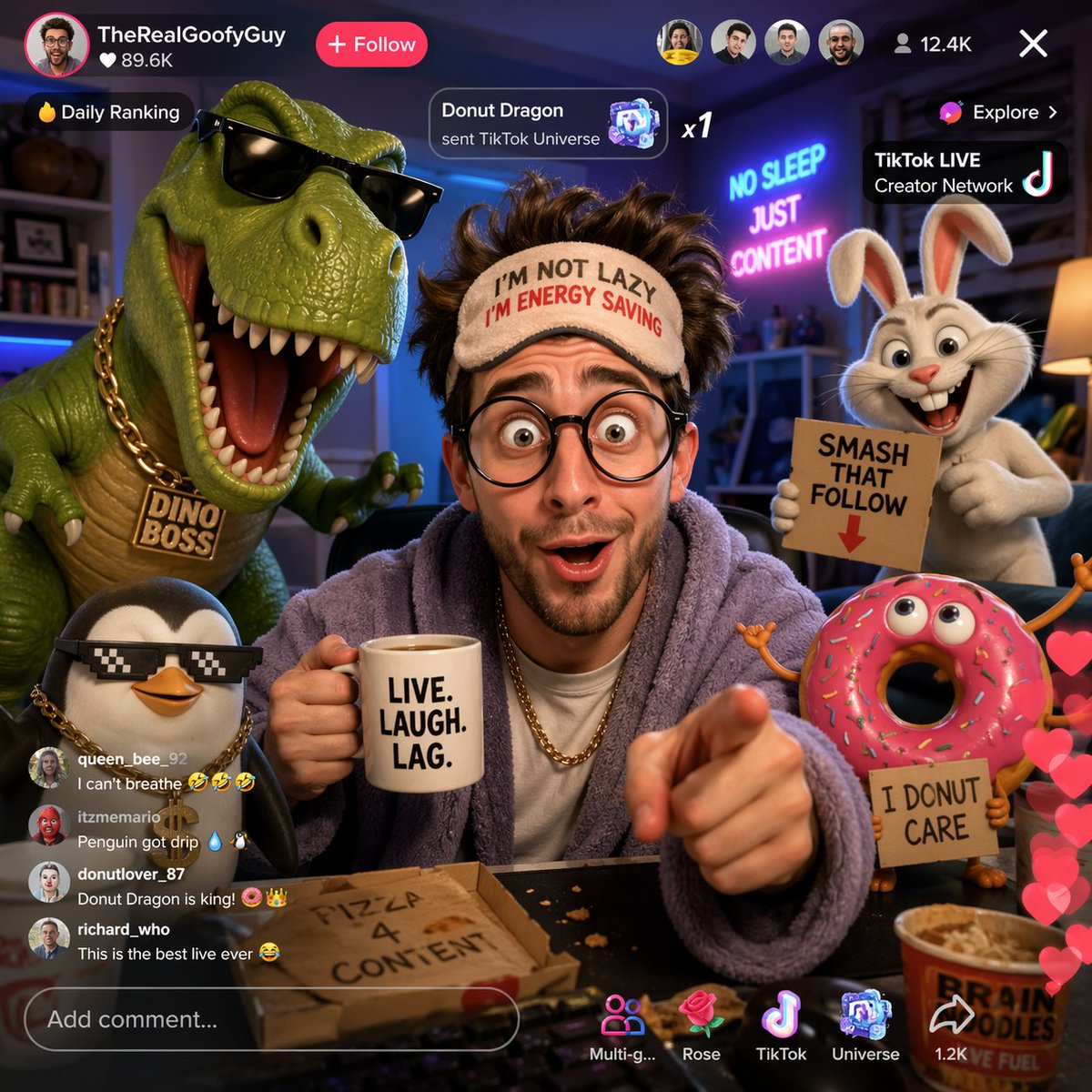 Funny TikTok livestream with cartoon characters