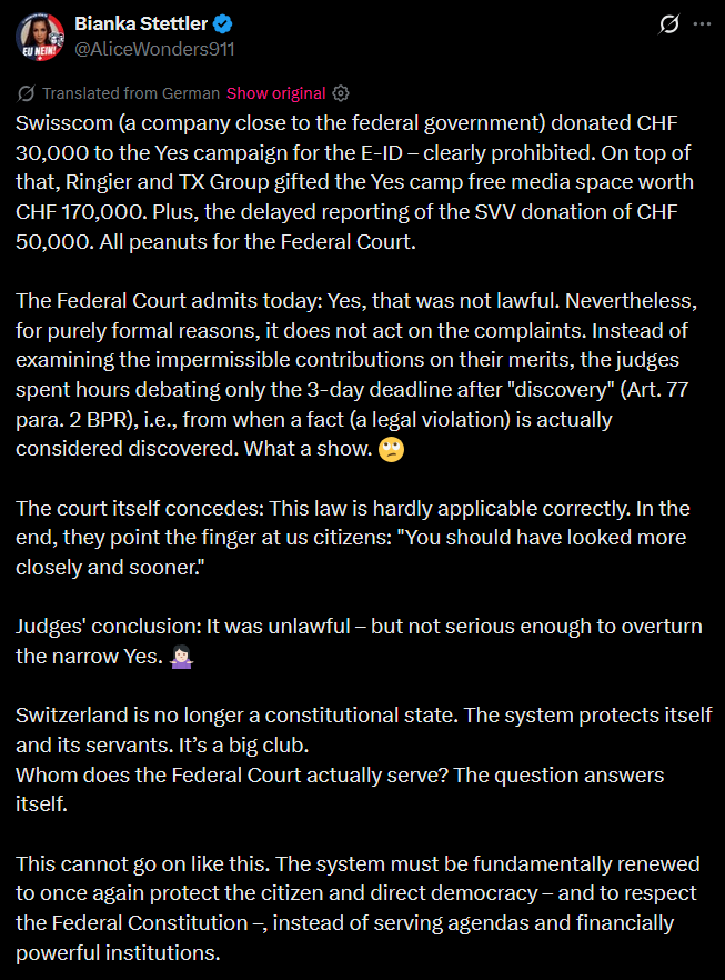 RdeSuiza's tweet image. 🇨🇭
#Switzerland's #eID legislation was unlawful
🇨🇭

#ElectronicID #eID #abst28 #eIDlaw #DigitalIdentity #DigitalCurrency #Oligarchy #SocialCredit #Serfdom #WEF #EUvassalization #SwissSovereignty #Authoritarianism #MassControl #FreedomOfMovement #FreedomOfAssembly #FreedomOfSpeech