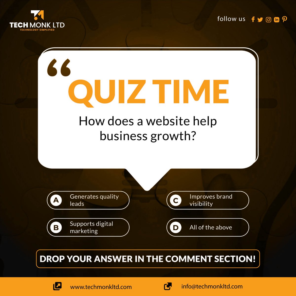 techmonk_ltd's tweet image. Quiz Time 🧠
How does a website help business growth? 🤔
a) Sales
b) Branding
c) Marketing
d) All of the above
Drop your answer 👇
#QuizTime #BusinessGrowth #DigitalMarketing