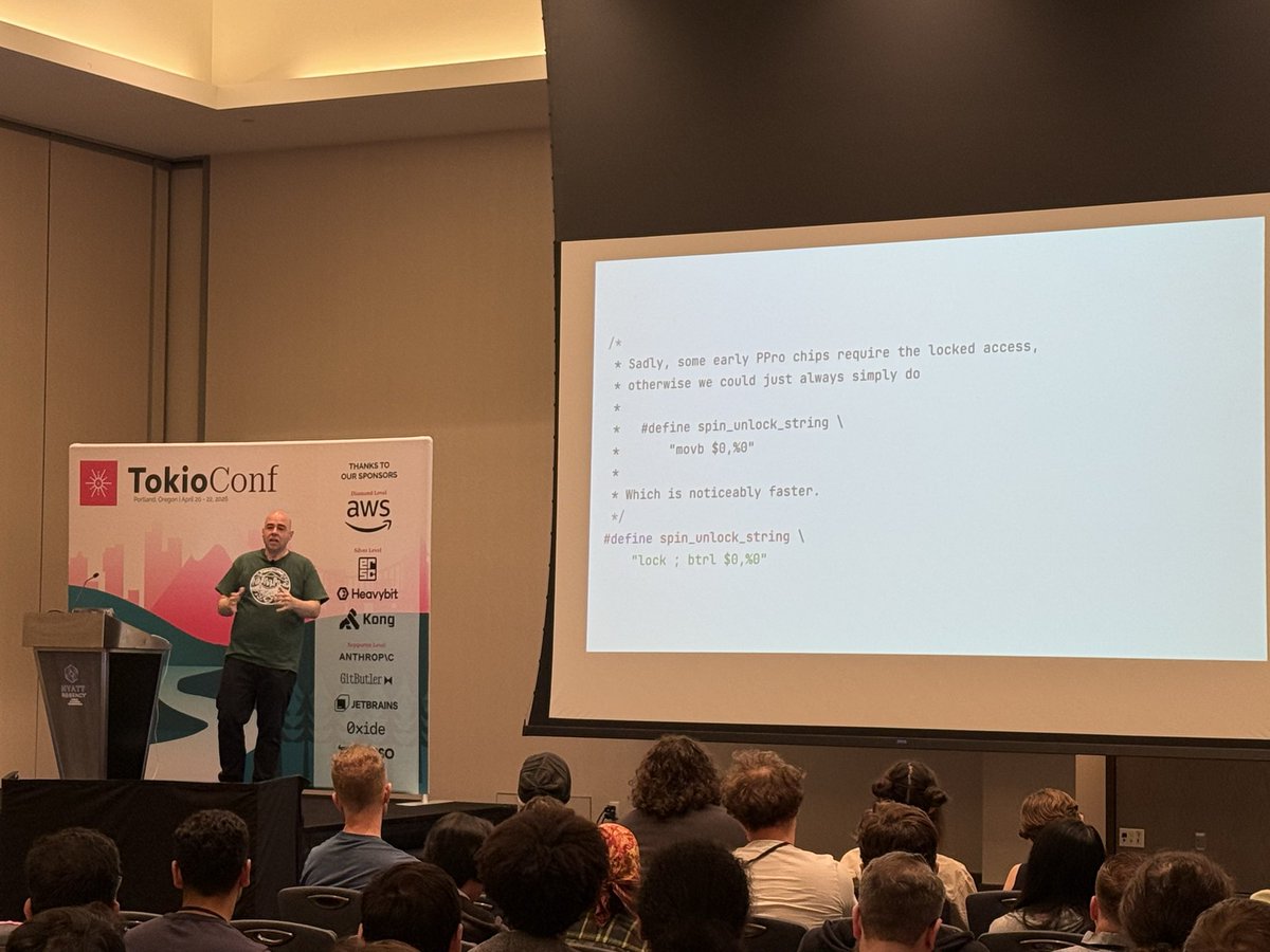 TokioConf's tweet photo. @glcst sharing wisdom like “don’t rewrite the Linux kernel” https://t.co/zWKGSQsPki