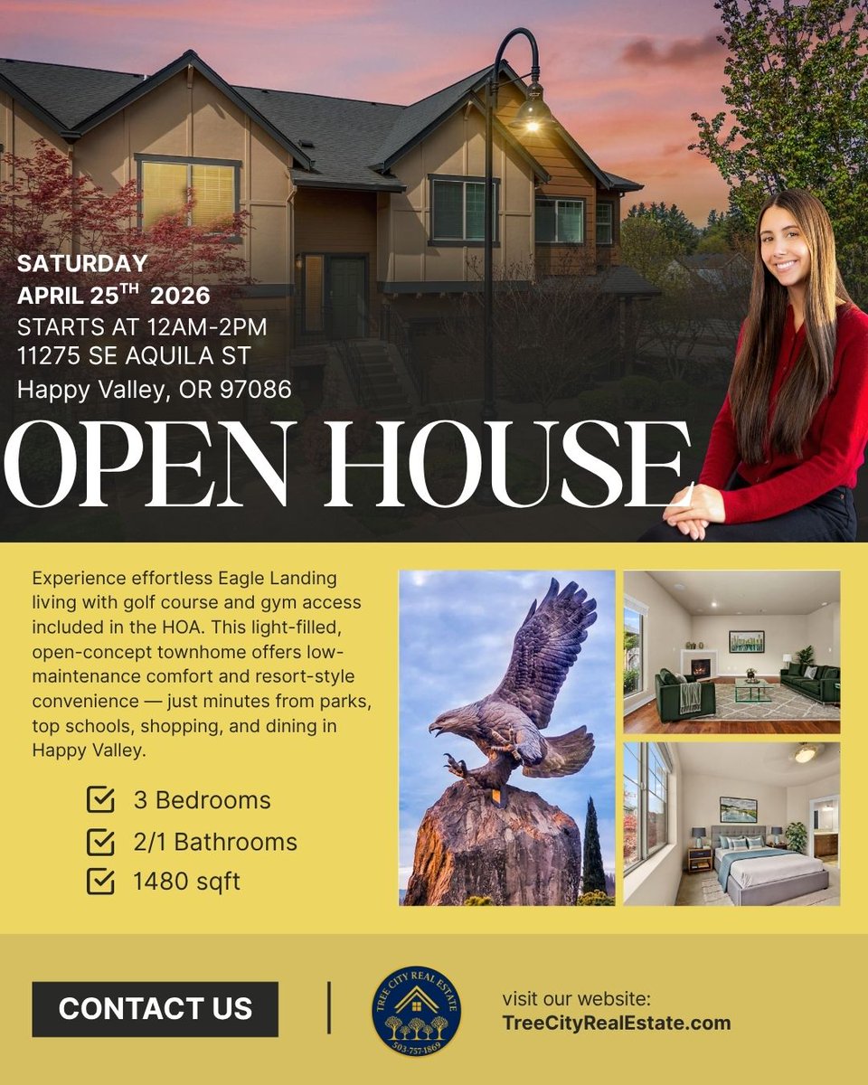 TreeCityRE's tweet image. 🏡 Open House | April 25 | 12–2PM
$399,000
📍 11275 SE Aquila St, Happy Valley
Eagle Landing townhome with HOA golf + gym access.
Hosted by Nakkita Marchuk
📞 (360) 281-7250
🌐 TreeCityRealEstate.com
#OpenHouse #HappyValley #PDXRealEstate