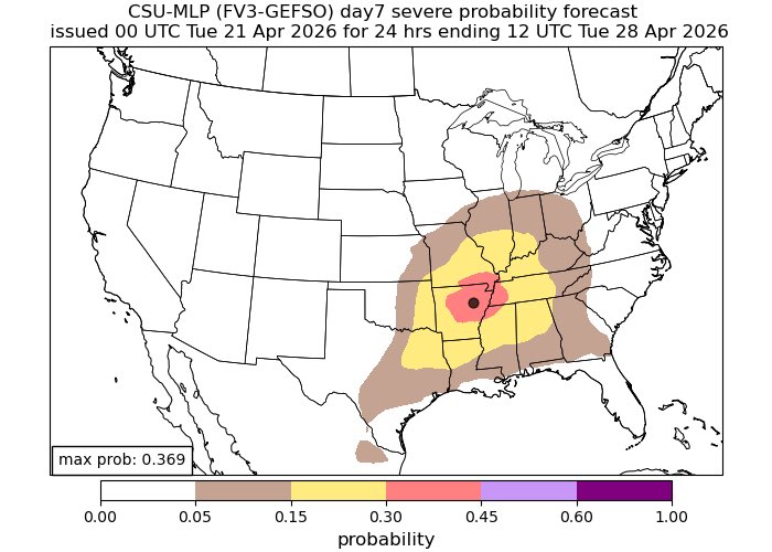 w4qlc's tweet photo. I’m definitely keeping an eye on Monday April 27. The Storm Prediction Center this morning highlighted Middle Tennessee under a 15% probability of severe weather

CSU has also highlighted a probability of 15 % across Middle Tennessee. A 30% probability for severe weather has also been highlighted for portions of West Tennessee. 

Timing and threats are uncertain at this time. I’ll be monitoring trends and providing updates accordingly. #tnwx