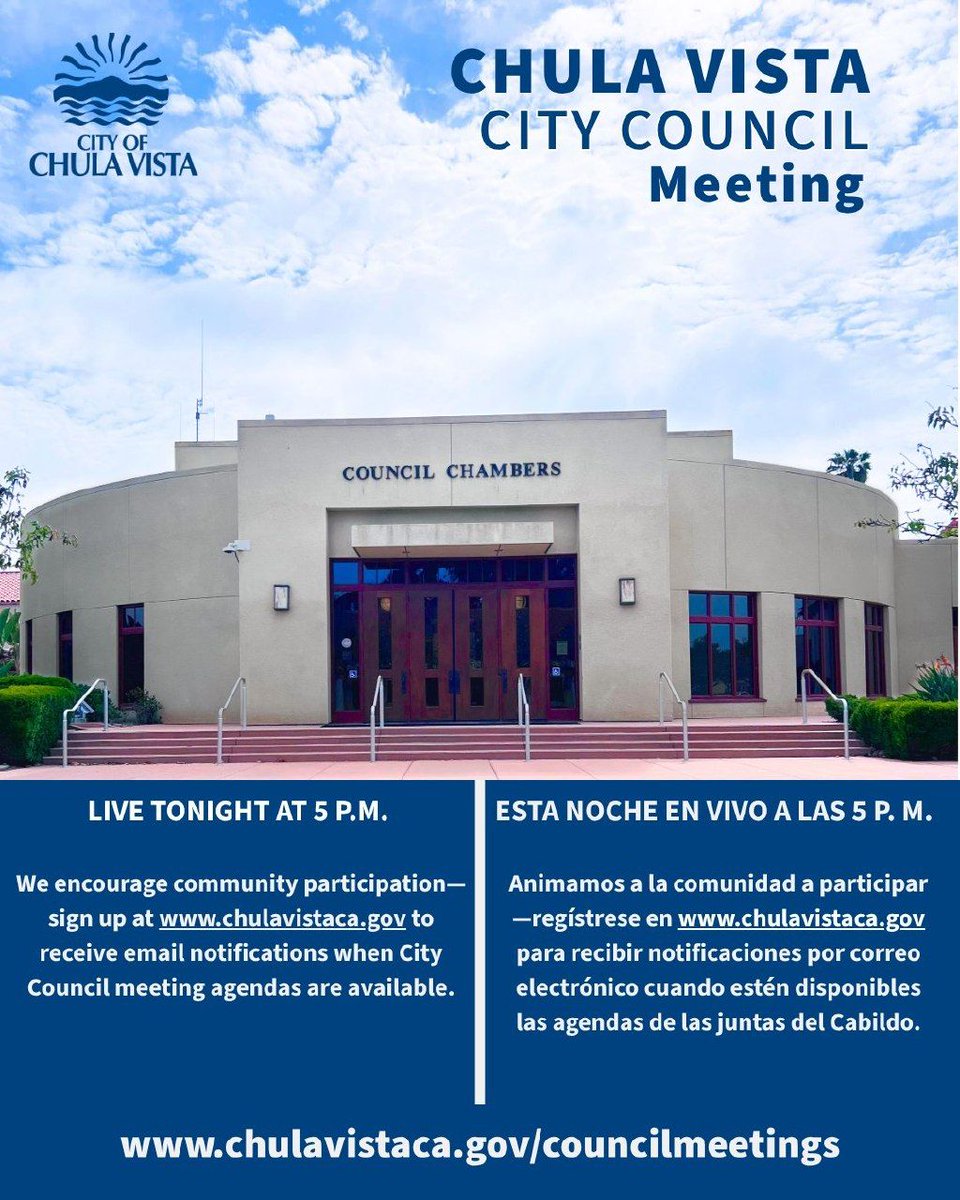 619CVLD's tweet image. 👀⚡Check out  - 🚨Exclusive on X : @thinkchulavista: The #ChulaVista City Council meets tonight at 5 pm. ▶️ View the agenda and watch live on Cox Cable channel 24 (only in CV) or livestream. ▶️ Check for details.  
👉🏽👉🏽 x.com/thinkchulavist…   X (formerly Twitter)City of Chula