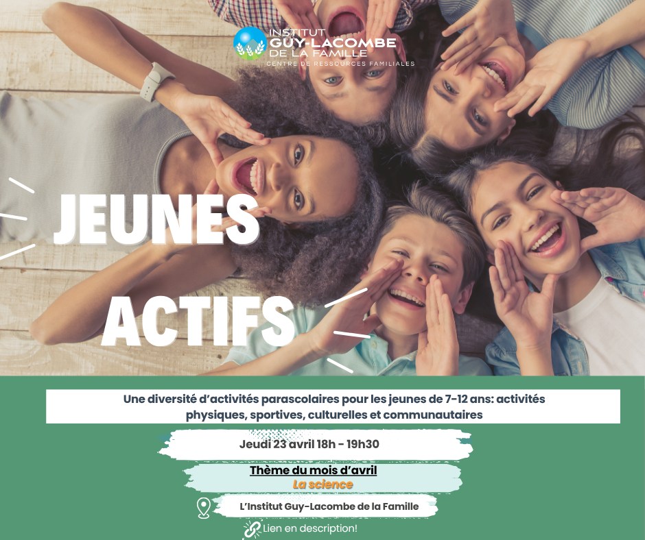 rsaAlberta's tweet image. L'Institut Guy-Lacombe de la famille vous propose des Jeunes actifs pour les jeunes de 7 à 12 ans sur le thème de la science.

Date: 23 avril 2026
Heure: 18h00 à 19h30
Lieu: IGLF, Edmonton

iglf.wufoo.com/forms/q1dsnyhi…

#familles #jeunes #edmonton #sante #santementale #frab