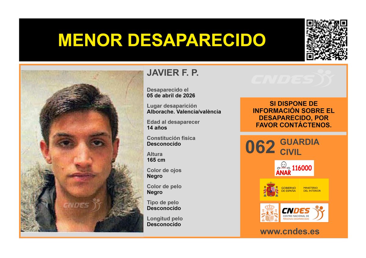 ⚠️ 𝘼𝙇𝙀𝙍𝙏𝘼⚠️
🚹MENOR DESAPARECIDO
Edad  14 años
🧐visto por última vez #alborache #valencia
🔄 RT para ayudar a encontrarlo
Si lo has visto o tienes pistas 📩cndes-web.ses.mir.es/publico/Desapa…
📞062 <a href="/guardiacivil/">Guardia Civil</a>
☎️116000 ANAR
🔗 Canal oficial <a href="/cndes_oficial/">CNDES</a>
#menordesaparecido