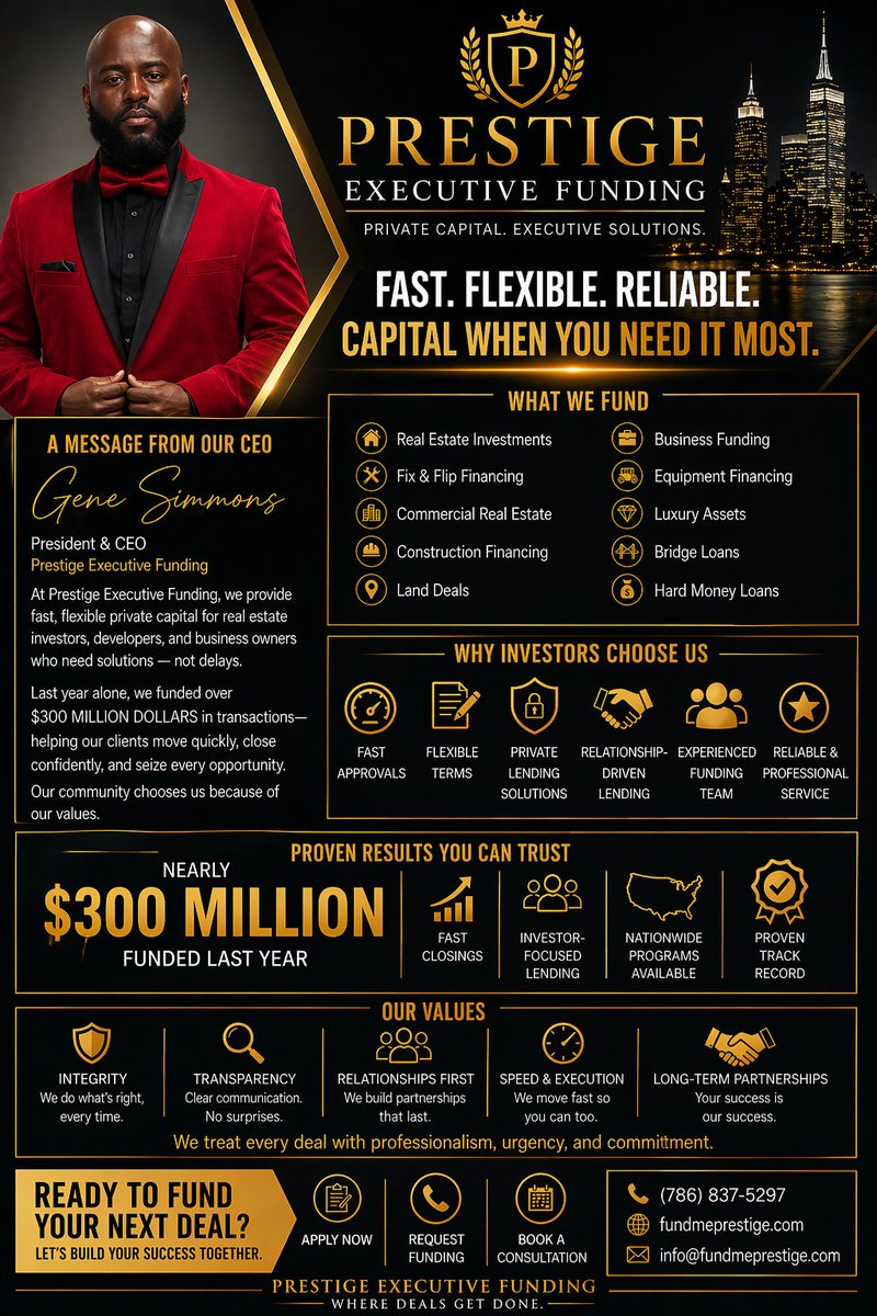 FundMePrestige's tweet photo. At Prestige Executive Funding, we provide fast, flexible private capital for real estate investors, developers, and business owners ready to move quickly and close with confidence.
Last year alone, we funded nearly $300 million — helping our clients seize opportunities. https://t.co/h7n5qZfKRw