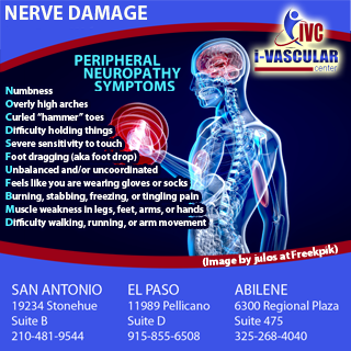 ivascularSA's tweet photo. PERIPHERAL NEUROPATHY treatments are now available at both San Antonio &amp; El Paso locations! If you experience these symptoms of nerve damage, contact I-Vascular Center at https://t.co/D6TM1QUSN5

#nervedamage https://t.co/zUBxw8AvWp