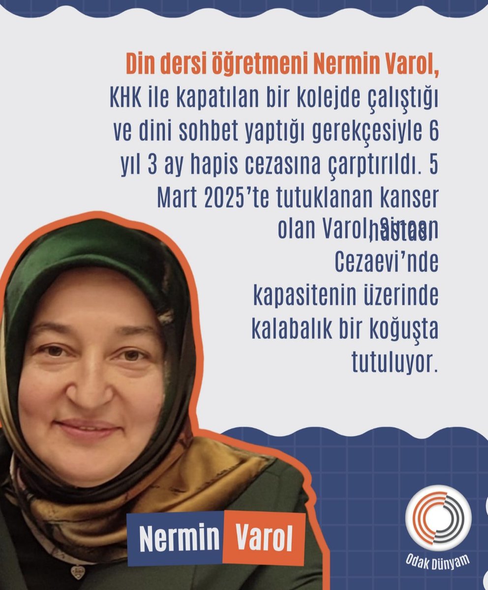 ✓ MEB bünyesinde faaliyet gösteren bir okulda çalışmak nasıl suç olabilir?

✓ Nermin Varol, kanser hastası ve 5 Mart 2025’ten bu yana cezaevinde.

Derhal tahliye EDiLMELiDiR.

HemHasta HemTutsak