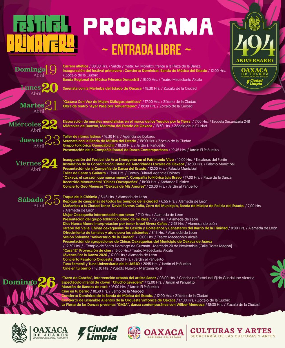 PeriodistasOax's tweet image. #Capital
📣 Este martes 21 de abril, el Zócalo de Oaxaca recibe el Festival Primavera. A las 17:00 h se realizarán Diálogos Poéticos de mujeres y a las 19:00 h la obra “Ayer pasé por Tehuantepec”. Eventos gratuitos para celebrar el 494 aniversario de la ciudad con talento local.