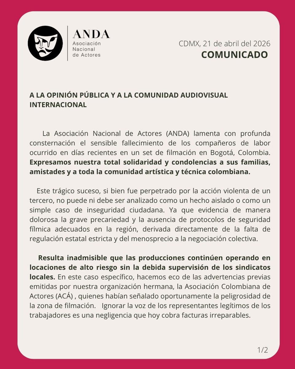 andactores's tweet photo. Al respecto de los recientes hechos de violencia ocurridos en un set de filmación en Bogotá, Colombia.. #SinSindicatosNoHayParaiso #SilencioEnElSet @FIA_actors https://t.co/WPjgoJQhOg