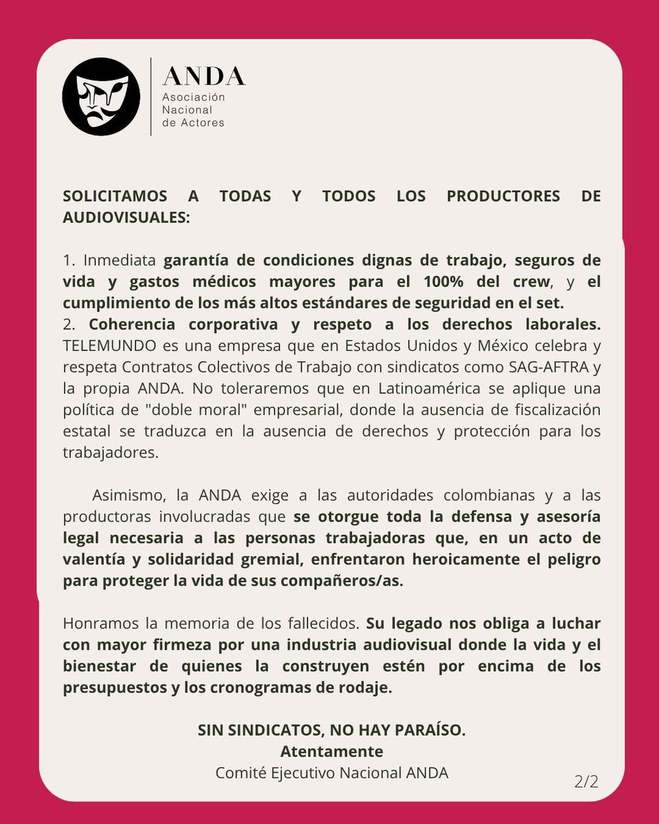 andactores's tweet photo. Al respecto de los recientes hechos de violencia ocurridos en un set de filmación en Bogotá, Colombia.. #SinSindicatosNoHayParaiso #SilencioEnElSet @FIA_actors https://t.co/WPjgoJQhOg