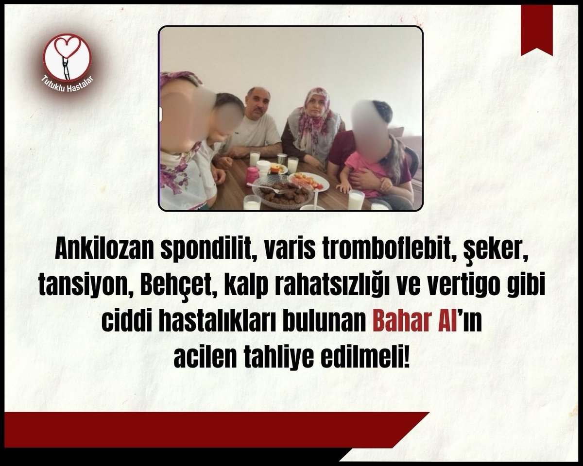 🚑 Ankilozan spondilit, kalp rahatsızlığı ve daha fazlası… Buna rağmen tahliye yok!
#BaharAltı için adalet istiyoruz! ✊
HemHastaHemTutsak