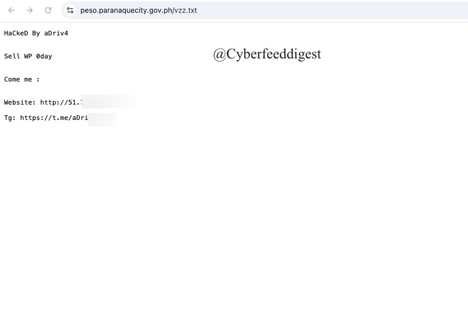 cyberfeeddigest's tweet image. A governmental website of #Philippines 
hxxps://peso.paranaquecity.gov.ph/vzz.txt
#Hacked by aDriv4

#Defacement #Hack #Philippines
