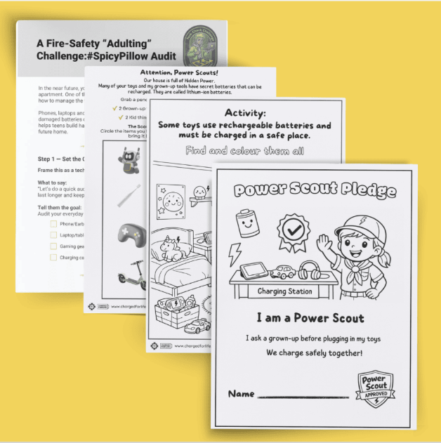 BC_FireSafety's tweet photo. Looking for a way to teach kids in your life about Li-ion battery safety? This Power Scout Activity from CHARGED FOR LiFE teaches simple, age-appropriate safety habits. 
https://t.co/mBQ5ue4DqX https://t.co/QNKC7sYKSq