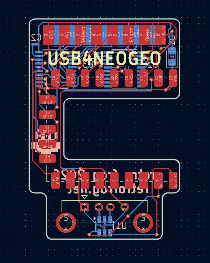 ToddsNerdCave's tweet photo. I've updated my HID USB #NeoGeo controller board. Added a pair of 74LVC245 level shifters to ensure the 5v logic and the 3.3v logic of the RP2040 Zero doesn't cause any issues.

Also added ESD protection to the USB port and moved the 5v protection diode to the bottom of the board https://t.co/8yS3GMAxWG