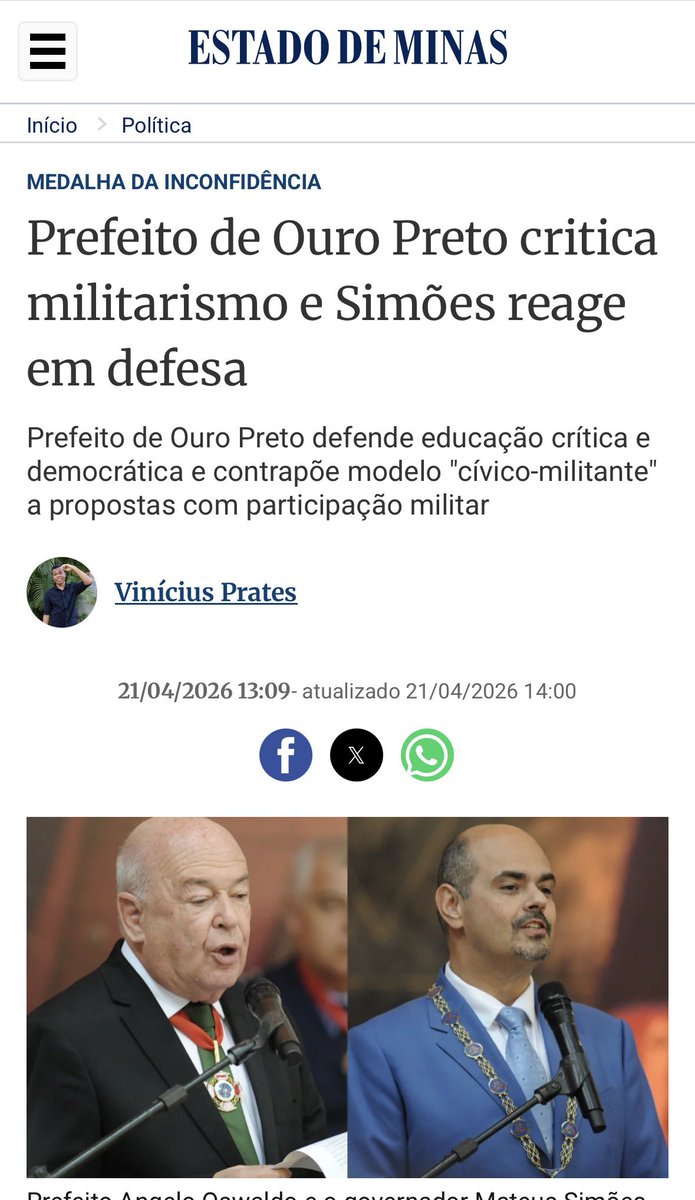 Minha solidariedade ao Prefeito de Ouro Preto, Ângelo Oswaldo. 

No feriado e cerimônia que celebram a liberdade, o prefeito fez um belo discurso, defendendo a educação democrática. 

Aí surge o governador de MG e decide defender aos gritos  a proposta inconstitucional de