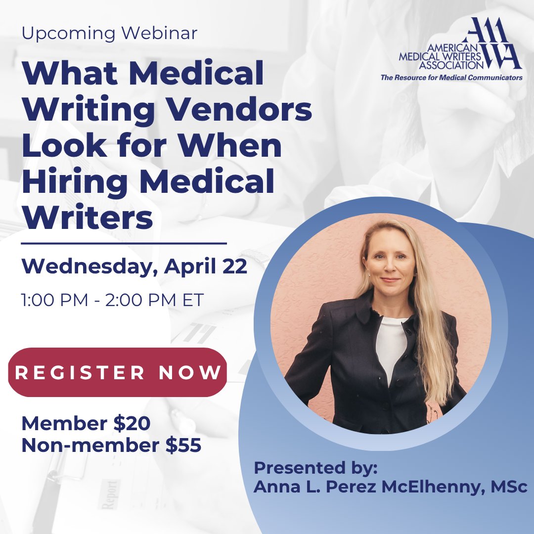 AmMedWriters's tweet image. ❗Last chance to register for tomorrow's #webinar, What Medical Writing Vendors Look for When Hiring Medical Writers, with Anna L. Perez McElhenny, MSc.
➡️ Register now: hubs.ly/Q04cYDY70 

#medicalwriter #medicalwriting #medicalcommunication