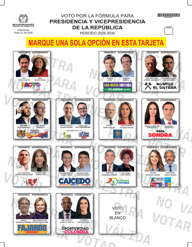 NoticiasRCN's tweet image. #Noticia | Este tarjetón tiene los logos aprobados por el CNE y hace parte del material electoral que entra a impresión para su posterior distribución en la primera vuelta presidencial del 31 de mayo.