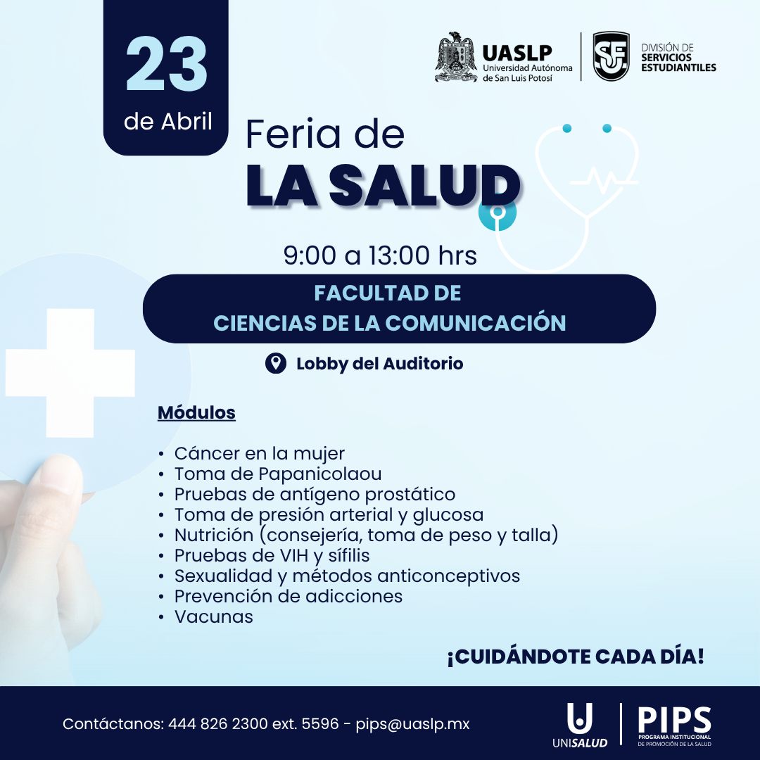 LaUASLP's tweet photo. La División de Servicios Estudiantiles organiza la Feria de Salud en @FCC_UASLP 🩺💉🧪💖

📅 Fecha: Jueves 23 de abril  
🕘 Hora: 9 am a 1 pm  
📍 Lugar: lobby del auditorio.

¡No faltes! 

#UASLP https://t.co/VJJ67N119I