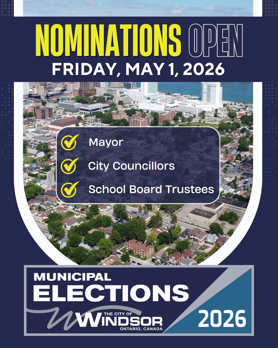 Thinking of running in the #MunicipalElection? Here’s what you need to know:
📌 Nominations open: May 1, 2026, at 8:30 a.m.
📌 Deadline to register: August 21, 2026, at 2 p.m.
🗓️ Voting Day: October 26, 2026 (advance voting mid-October)
Learn more at citywindsor.ca/newsroom/munic… #YQG