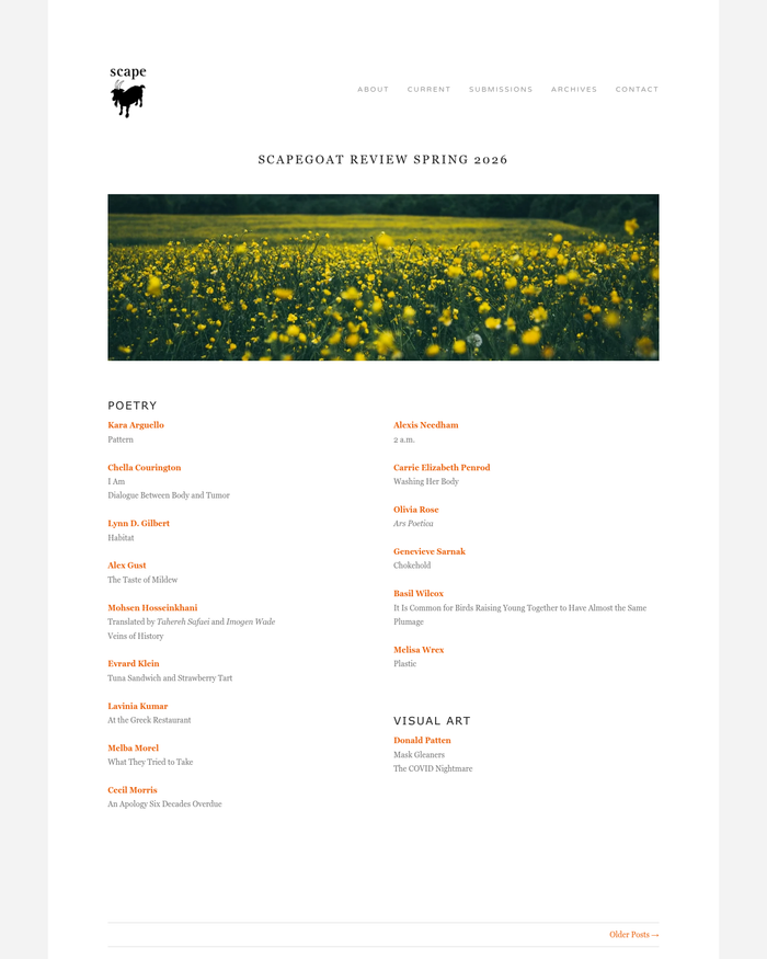 Duotrope's tweet image. Scapegoat Review @scapegoatreview (Fiction Poetry Art; non-paying) opened to submissions duotrope.com/magazine/scape… #amwriting