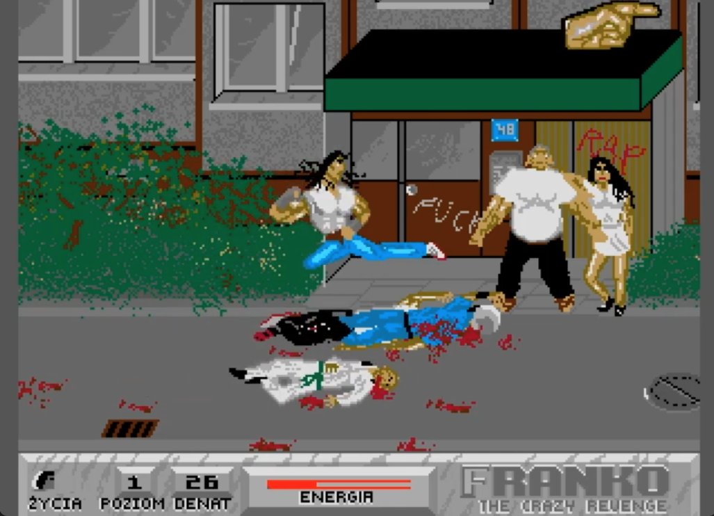 kurosawa6502's tweet photo. ポーランドの横スク格闘ゲーム"FRANKO: THE CRAZY REVENGE(1994 AMIGA)"。親友を失い、復讐を誓う主人公フランコがギャング団抹殺に立ち上がる。舞台の荒みっぷりがホンモノ。独特なデザインのキャラが怖い。ポーランドで今もカルト人気を誇る https://t.co/TzWnzyHAY9
