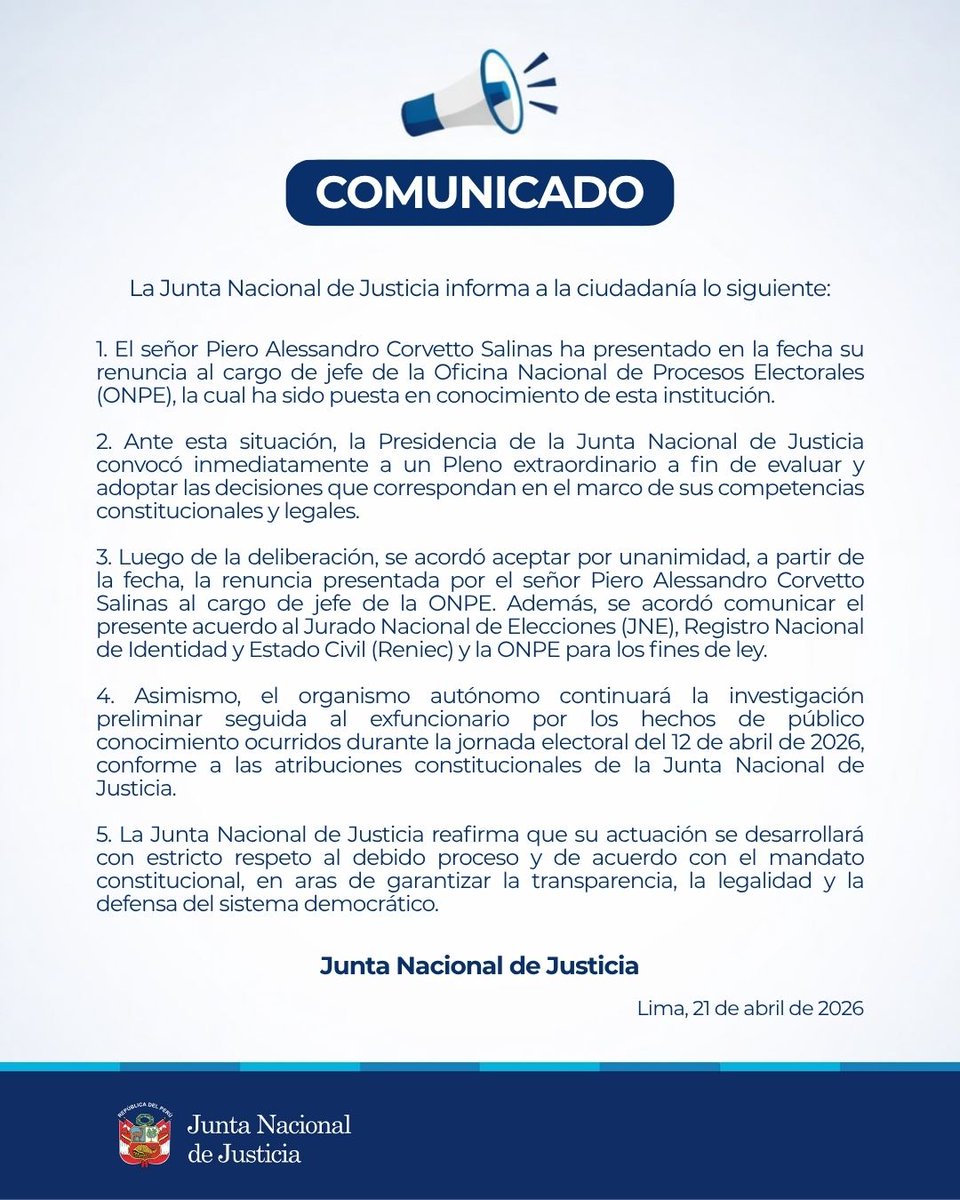 SofiaLopezLl's tweet photo. #AHORA La JNJ aceptó la renuncia de Piero Corvetto como jefe de la ONPE. https://t.co/ysd5H7hrjg