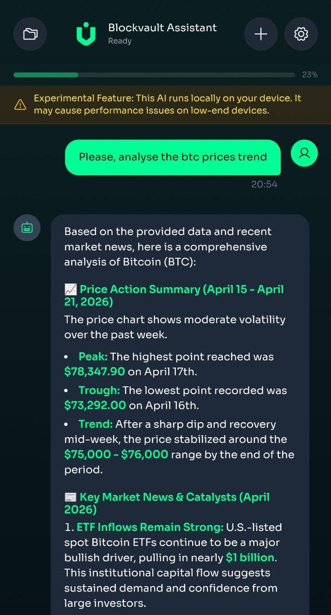 blockvaultapp's tweet photo. When your #AI-Assistant really assists.

[All this] "suggests positive momentum for #Bitcoin in the near term."
#BTC #Gemma4 #BlockVault https://t.co/4sRkBmm0tn