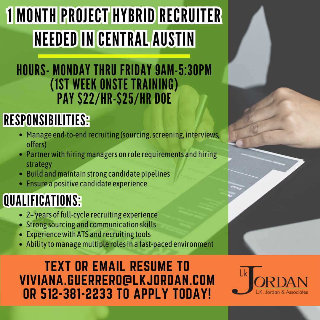 LKJStaffing's tweet image. We are hiring for this role ASAP!! Apply by emailing or texting your resume and start soon!!! Don't miss out on this great opportunity in Central Austin! #LKJordan #NowHiring #HybridRecruiterRole