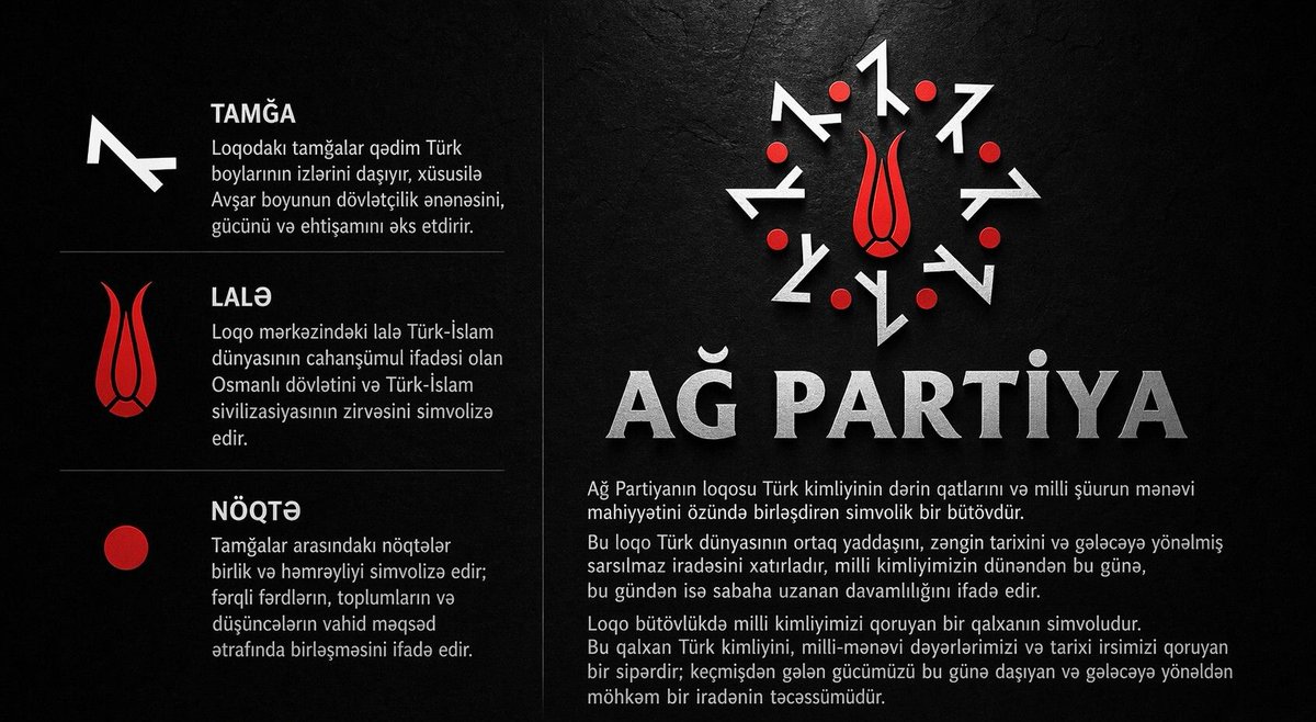 AgPartiya's tweet photo. Ağ Partiyanın loqosu Türk kimliyinin dərin qatlarını və milli şüurun mənəvi mahiyyətini özündə birləşdirən simvolik bir bütövdür. https://t.co/ppArhZfq63
