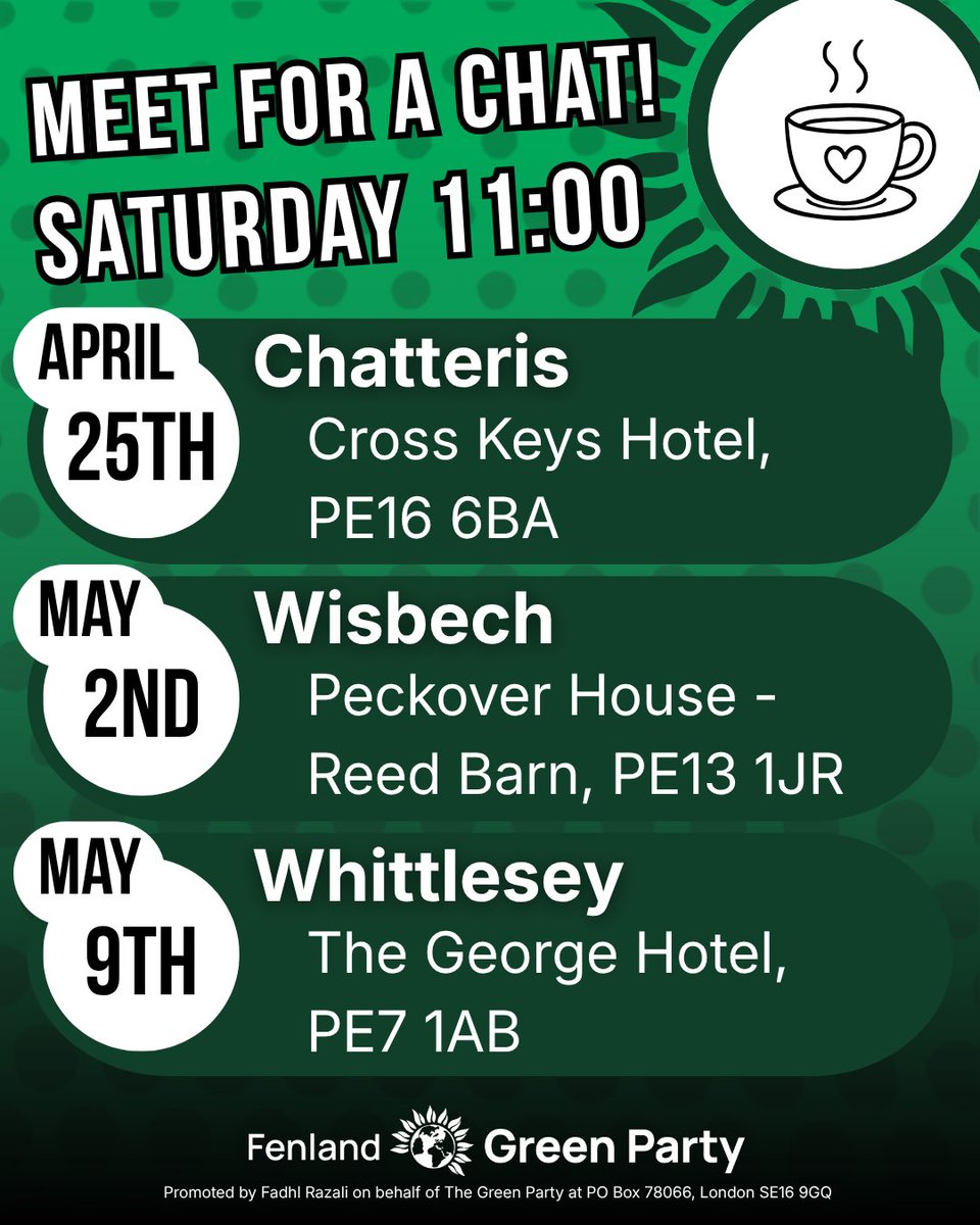 🤝 We’re eager to meet more people across the Fenland towns!

🫖 If you’re curious about the Green Party, why not pop by for a drink?

#GreenParty #Chatteris #Whittlesey #Wisbech