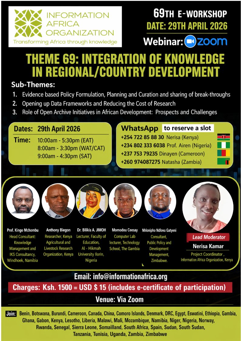 Infor_Africa's tweet image. If CONSISTENCY had a name, #CARAVAN would claim it.
Join Africa’s largest Community of Practice as we dive into Theme 69: Integration of Knowledge in Regional and Country Development (29/04).

 @Nerisaj  @tirsity  @JamaMusse @Suhfree