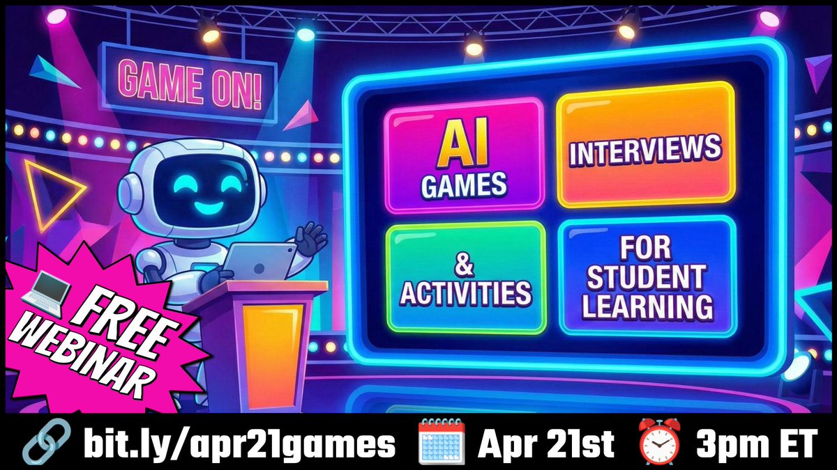 ericcurts's tweet image. 🎲 Starting Soon! AI Games, Interviews &amp;amp; Activities for Student Learning controlaltachieve.com/2026/04/webina…

🔠 Games, interviews, debates, CYOA, more!
🧒 Whole class or individual
🏫 Any grade or subject
🗓️ Apr 21 @ 3pm ET
▶️ Live-streamed &amp;amp; recorded
✅ Register at link above

#edtech
