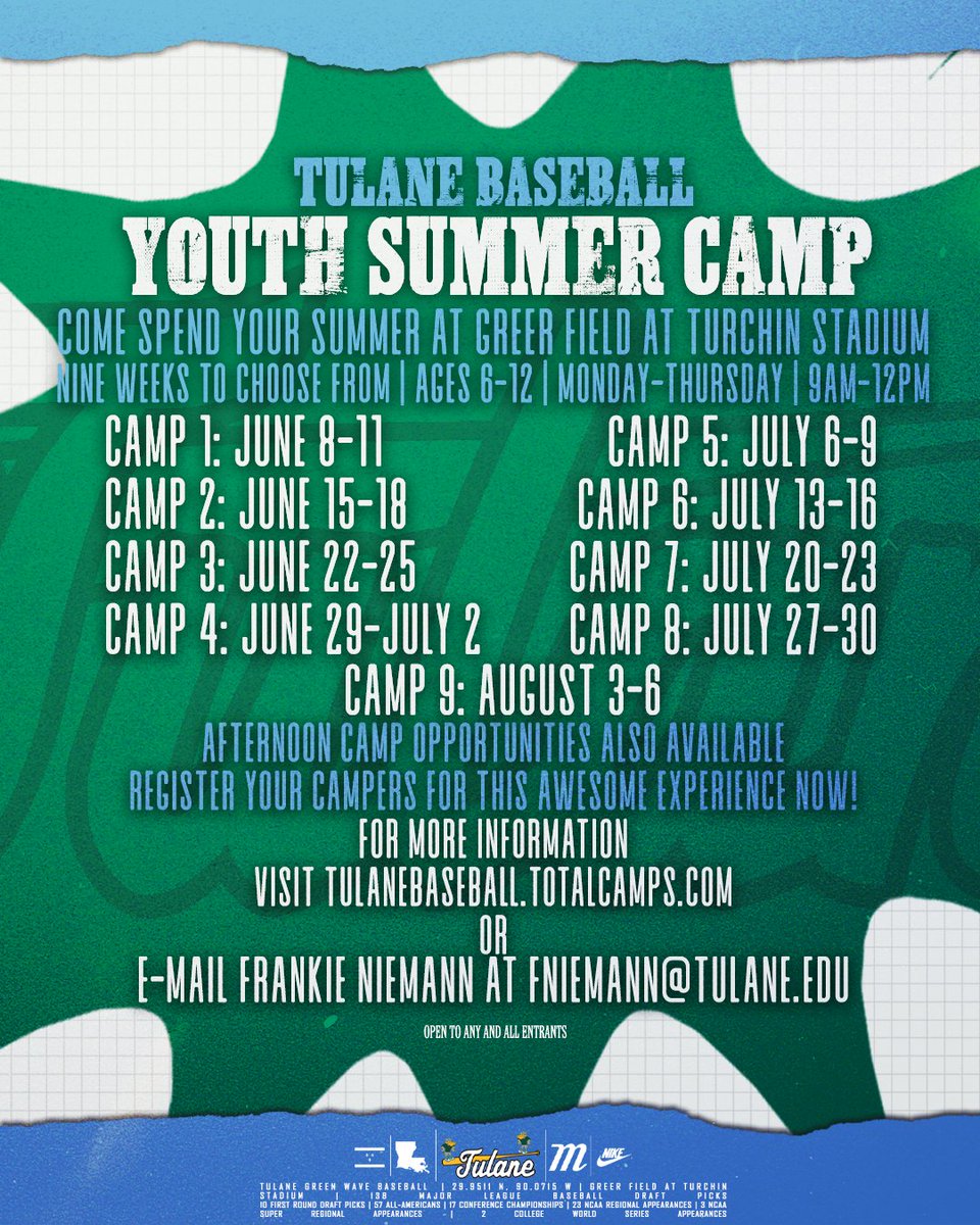 GreenWaveBSB's tweet photo. We're inching closer and closer to the summer...now's the time to register for Tulane Baseball's Youth Summer Camp at #GFATS!
Sign up here: https://t.co/3YnEaunGSX
#RollWave 🌊⚾️ https://t.co/pD67si4rF0