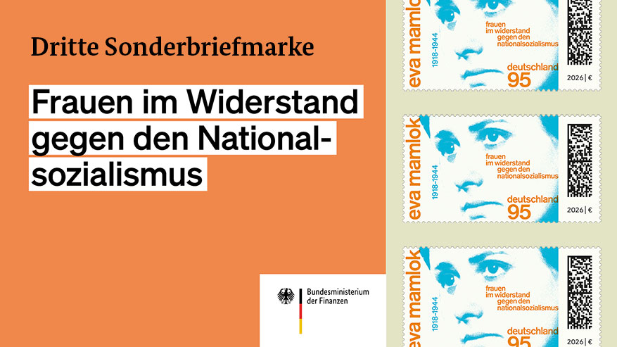 Archivtier's tweet image. Präsentation der dritten Sonderbriefmarke zu „Frauen im #Widerstand gegen den #Nationalsozialismus“ zu Ehren der Widerstandskämpferin Eva Mamlok.

Datum 07.05.2026, 11:00-12:00 Uhr
Postblock  Mauerstraße 69–75, 10117 #Berlin Mitte

bmf-bund.yve-tool.de/public_registr…

bundesfinanzministerium.de/Content/DE/Ter…