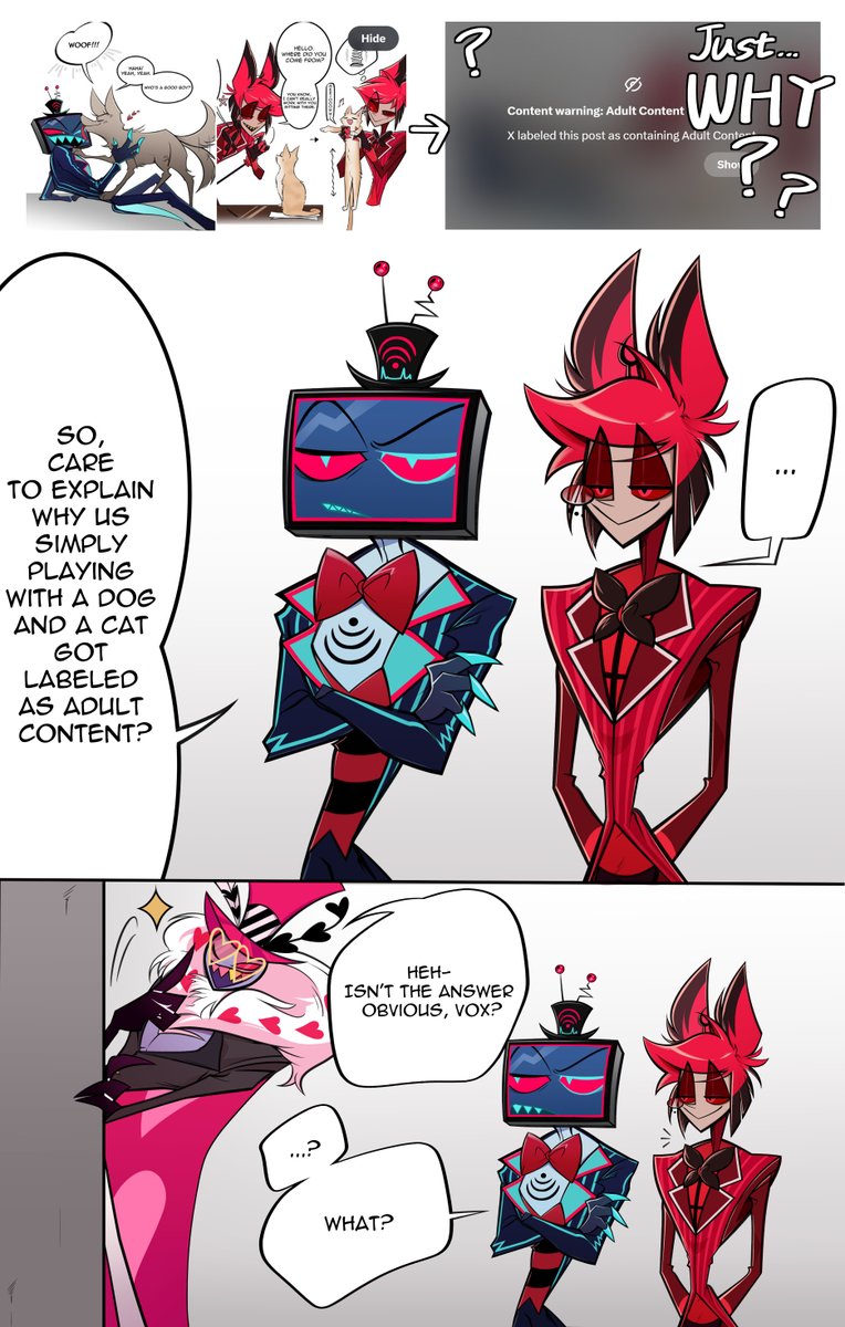 icebar88's tweet image. I couldn't help drawing this comic after my completely SFW art got labeled as Adult Content. The setup was just too good to pass up!

#Vox #Alastor #Valentino