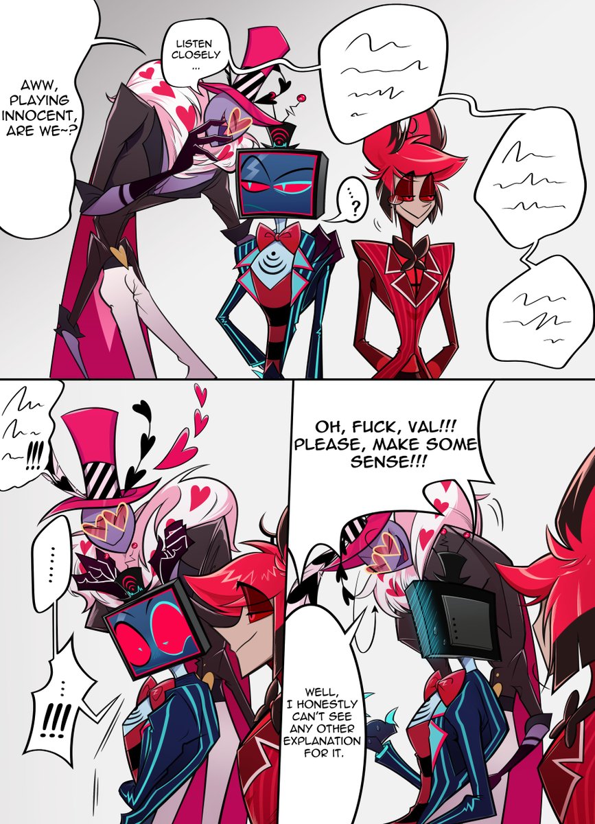 icebar88's tweet image. I couldn't help drawing this comic after my completely SFW art got labeled as Adult Content. The setup was just too good to pass up!

#Vox #Alastor #Valentino