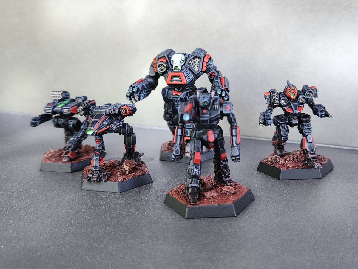 Always_Oni's tweet photo. Here's my Wolf's Dragoons Clan Ad Hoc Star! Took me forever to get them painted up, but I'm so proud of these little guys! #battletech #Mechwarrior https://t.co/ShBBHsiXVR