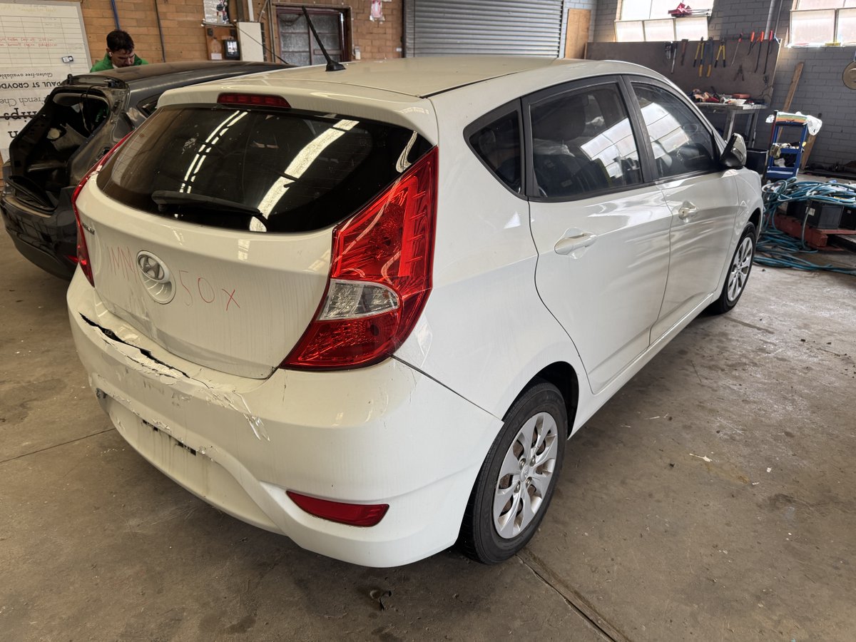 parts49765's tweet image. Now Wrecking: 2014 White Hyundai Accent — petrol automatic, 1.6L G4FC engine, VIN KMHCT51DMFU199887. Parts available now for pickup/shipping. Check pics and details: wix.to/tFsWTrj #NowWrecking #HyundaiAccent #CarParts #AutoSalvage