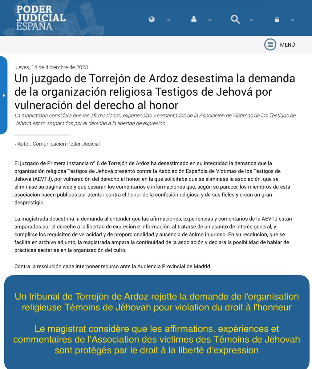 EuroParentalNet's tweet photo. Selon la décision du TRIBUNAL DE TORREJON DE ARDOZ (Madrid - Espagne) 6 décembre 2023 confirmée par la Cour de Cassation le 20 avril 2026
#Sectarisme nous pouvons ajouter #Pedocriminel grâce à la l’Arrêt de la Cour de Cassation du 28 janvier 2026 obtenue par @serra_jade et Claire https://t.co/QpkVYCbQ4G