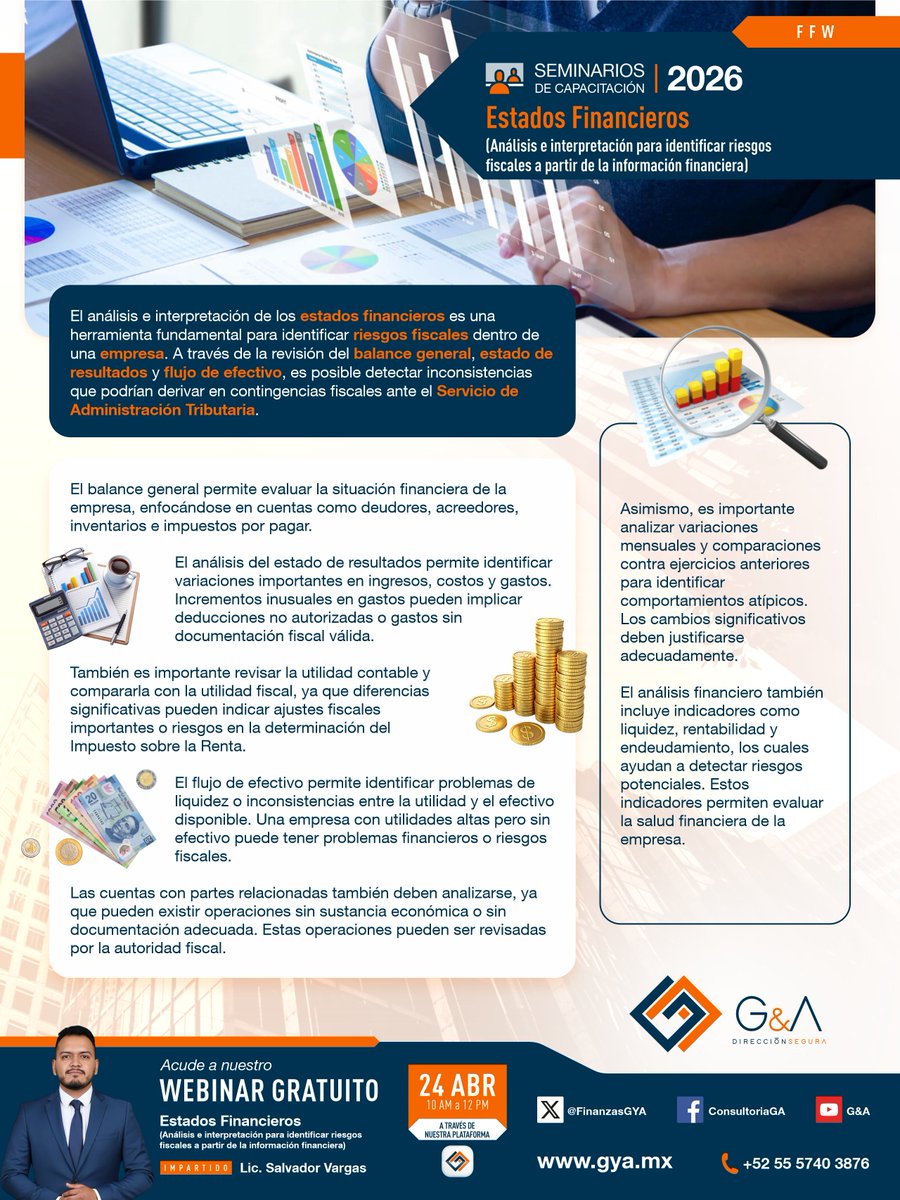 FinanzasGyA's tweet photo. Estados financieros (análisis e interpretación para identificar riesgos fiscales a partir de la información financiera) 
Te invitamos a ser parte de nuestros seminarios TOTALMENTE GRATUITOS.
Plataforma Digital: https://t.co/chFUZLsHi9?
Canal de YouTube: https://t.co/AP1NzGbf9U https://t.co/ak4lYxojQO