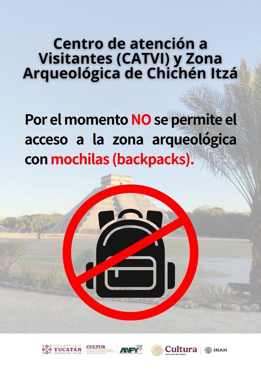 Refuerzan vigilancia en Chichén Itzá 
“para brindar seguridad a visitantes”.
La directora Guadalupe Espinosa Rodríguez explica que puso en marcha una medida temporal ante lo sucedido en Teotihuacán: no se permite el acceso a la zona arqueológica con mochilas.