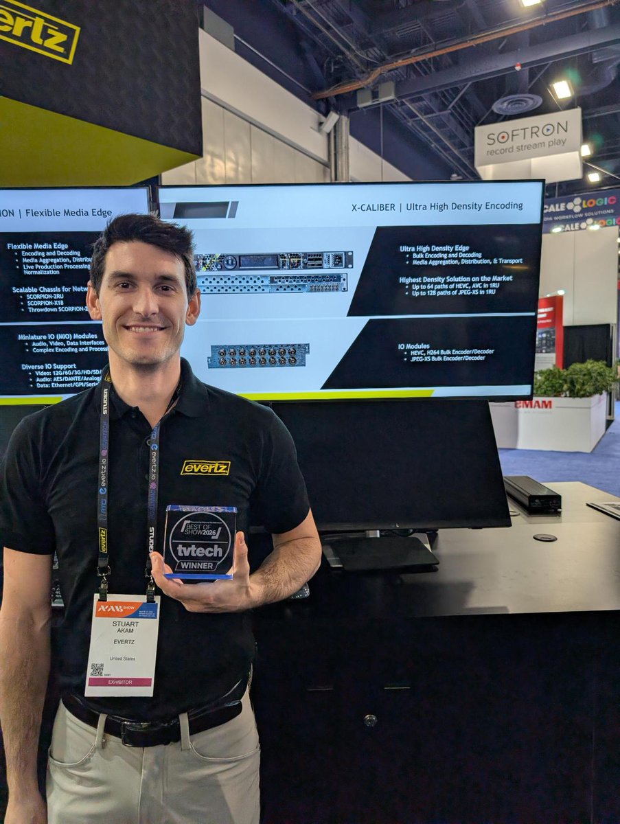 EvertzTV's tweet photo. 3 wins of Future's Best of Show Awards at NAB Show 2026, Presented by TV Tech. 🏆🏆🏆

Winning solutions:
🔹 BRAVO-BLADE 
🔹 ENX 
🔹 X-CALIBER 

Visit us in the North Hall at Booth N817

#NABShow #BestOfShow #BroadcastTech #LiveProduction #MediaInfrastructure https://t.co/WcyfFC1ZMb