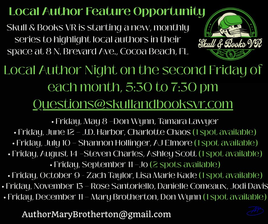 Skull &amp; Books VR is starting a new, monthly series to highlight local authors in their space at 8 N. Brevard Ave., Cocoa Beach, FL

questions@skullandbooksvr.com

Come visit local authors and be sure to come see me on December 11th!