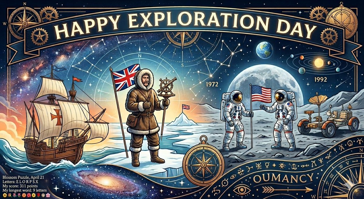 2God4em's tweet image. Exploration Day! 🚀❄️
Honoring the great e_p_o_e_s who reached the North Pole and the Moon on this day. Pushing boundaries is a talent, and for those who understand #Oumancy, the journey of discovery never ends.
#BlossomPuzzle #ExplorationDay #OTD #History
merriam-webster.com/games/blossom-…