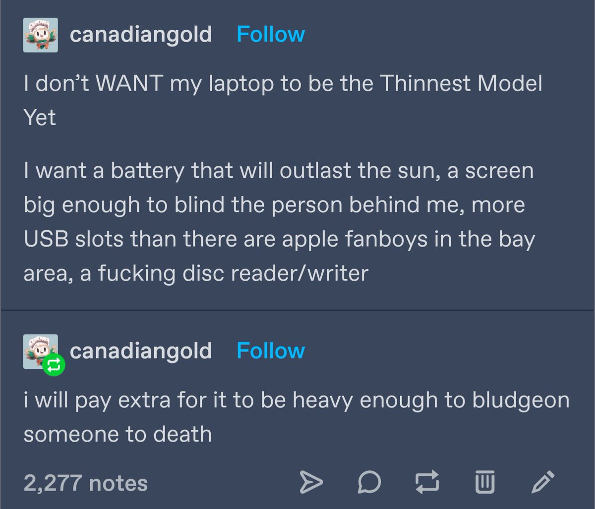 WorldDomStudios's tweet photo. @FrameworkPuter Nobody gives a damn about efficiency. We want optical drives, 4:3 screens, and enough ports to be able to connect to literally any peripheral device made in the past 50 years. And you know what? Put a lead weight in there too so it hurts more when we bludgeon people to death. https://t.co/lTtxiJIq2S